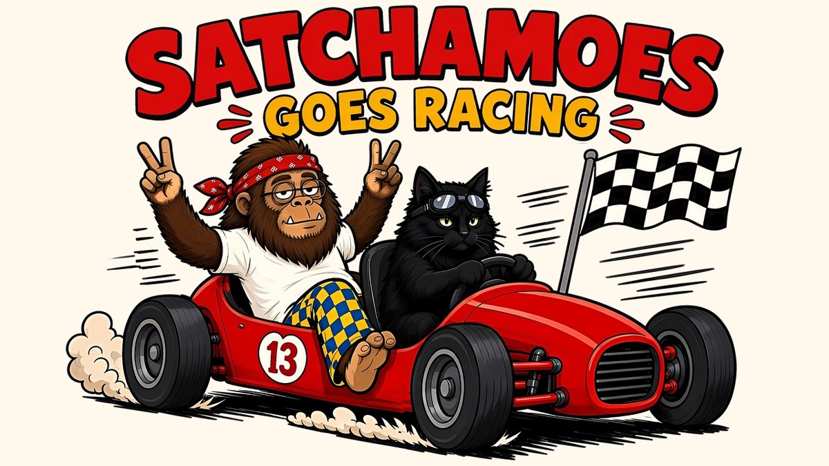Sasquatch giving peace signs from a red race car while his black cat in goggles drives past a checkered flag
