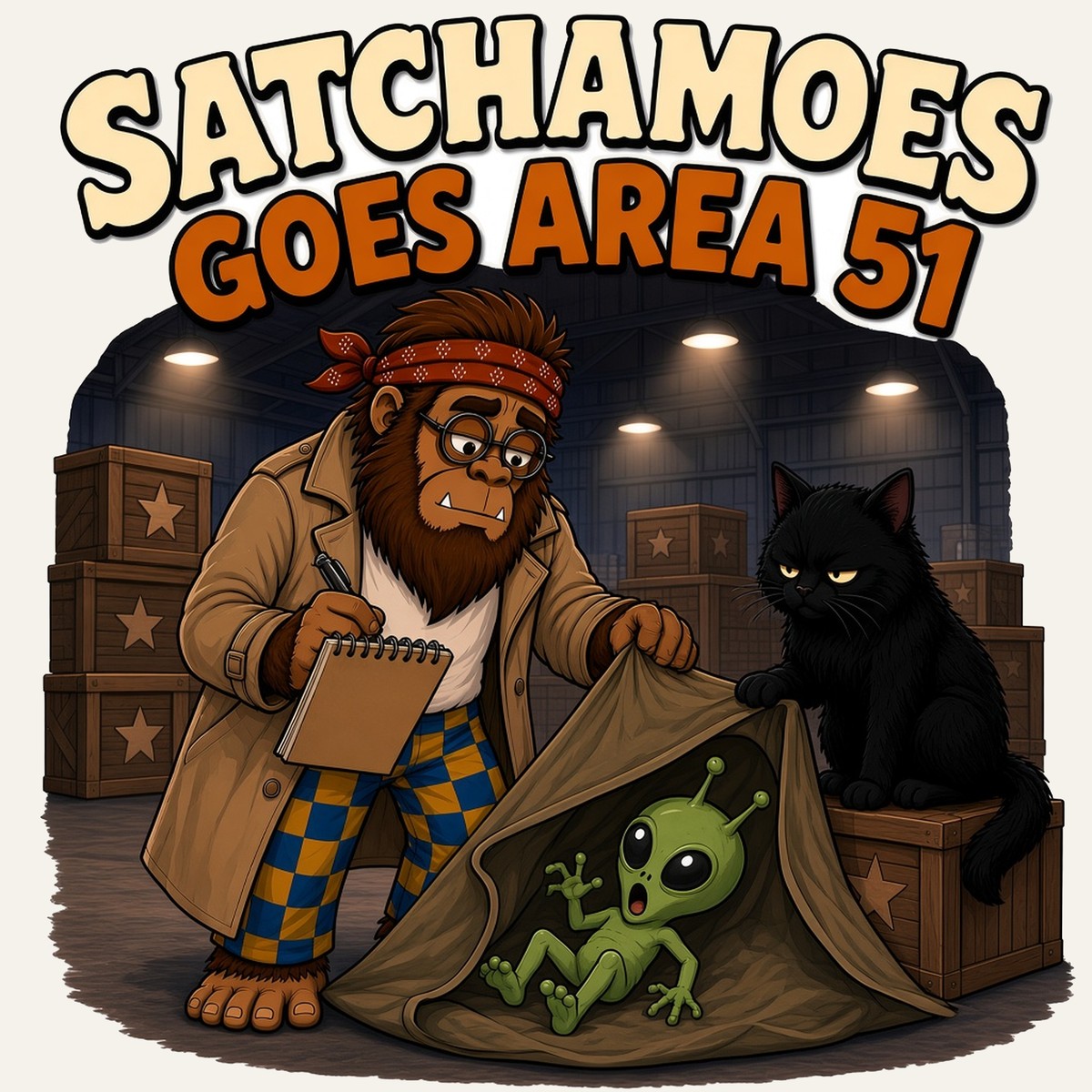 Cartoon Sasquatch Satchamoes in a trench coat taking notes in a hangar while a small green alien peeks from under a tarp and his black cat sits on a crate