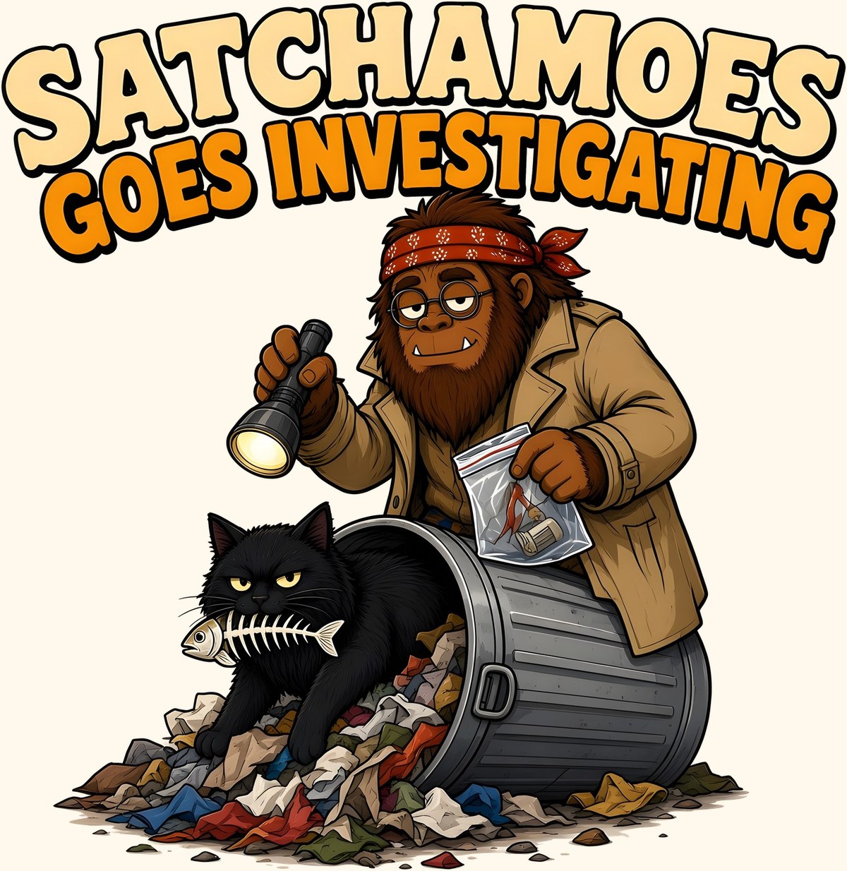 Cartoon Sasquatch Satchamoes in a trench coat with flashlight and evidence bag inspecting a tipped trash can while his black cat emerges holding a fish skeleton