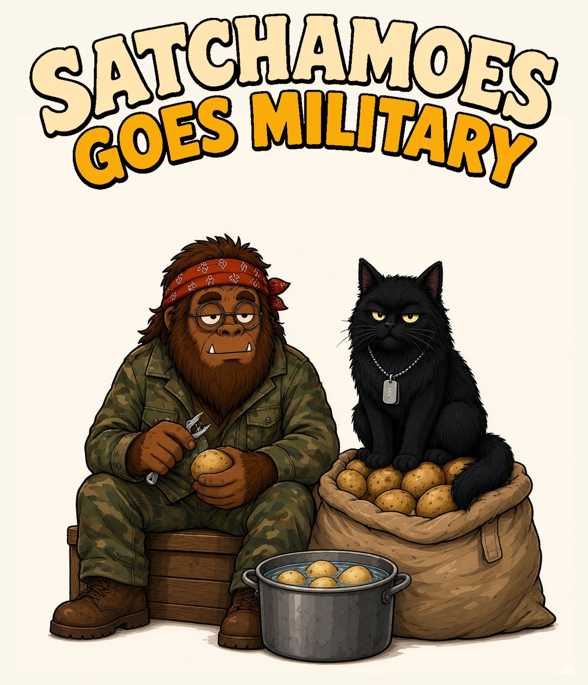Sasquatch in woodland camo peeling potatoes while his grumpy black cat with silver dog tags sits on a potato sack