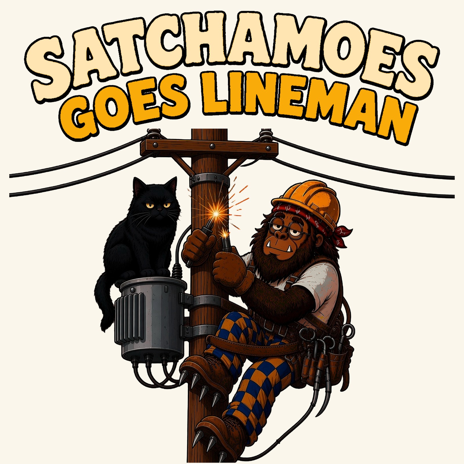 Satchamoes the Sasquatch lineman climbs a power pole in his safety strap, holding two sparking wire ends, while his grumpy black cat sits on the transformer bolted to the pole