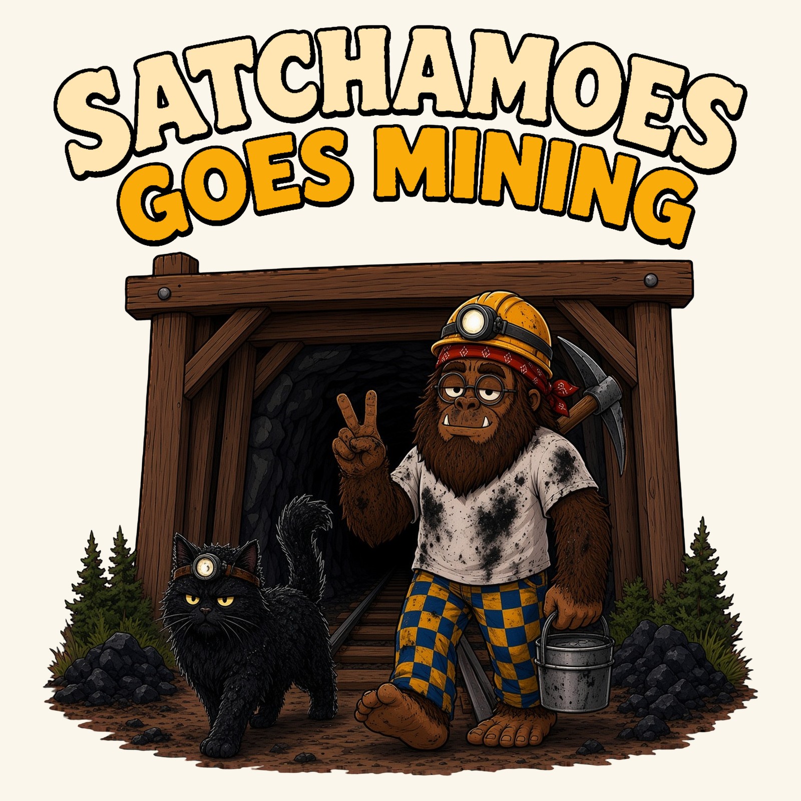 Satchamoes the Sasquatch coal miner walks out of a timber mine entrance in a yellow hard hat and headlamp, pickaxe on his shoulder and lunch pail in hand, while his grumpy black cat in a tiny headlamp strolls beside him