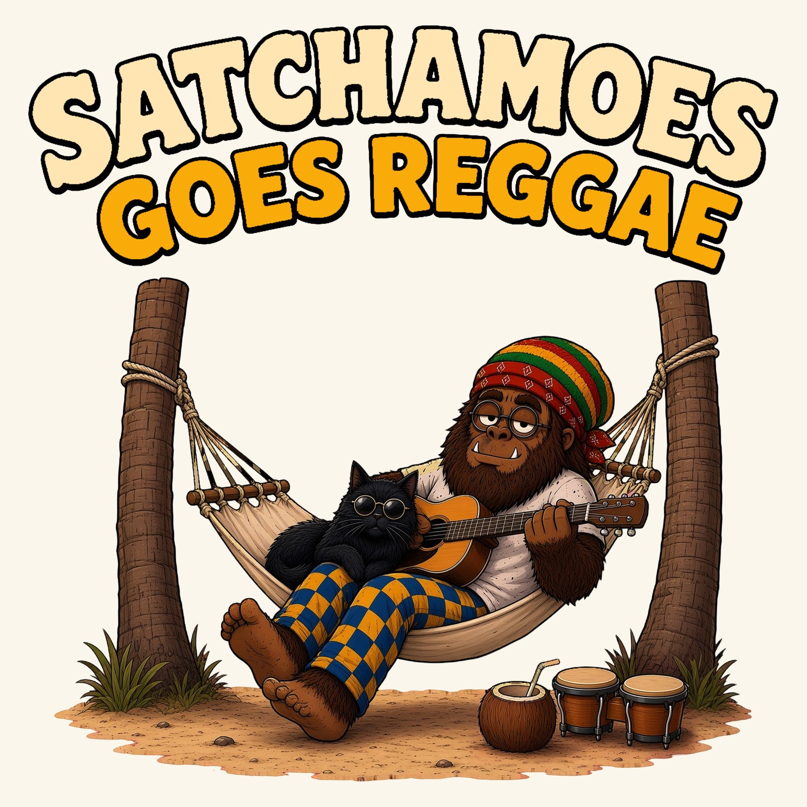 Satchamoes the Sasquatch in a red, gold and green knit tam and bandana strums an acoustic guitar while lounging in a rope hammock tied between two palm trunks, his grumpy black cat in round sunglasses lying on his belly, with a coconut drink and bongo drums on the sand below