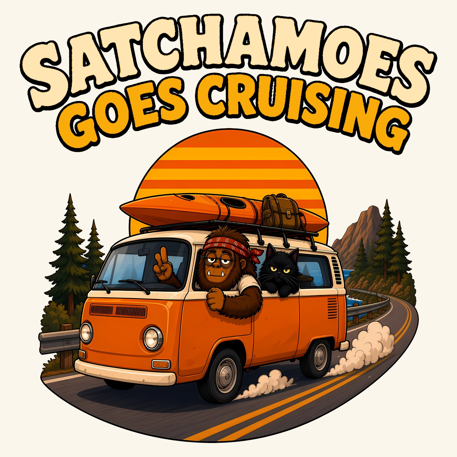 Satchamoes the Sasquatch in a red paisley bandana and round glasses flashing a peace sign out the window of an orange vintage camper van with a kayak on the roof, his grumpy black cat riding beside him, cruising a mountain road past pine trees under a striped sunset