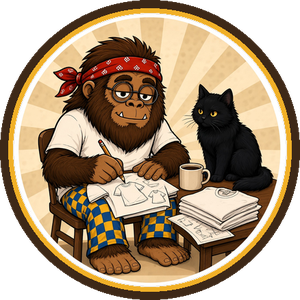 Satchamoes the Sasquatch in a red bandana and round glasses sketching T-shirt designs at a wooden desk, with his black cat and a cup of coffee beside a stack of fresh tees